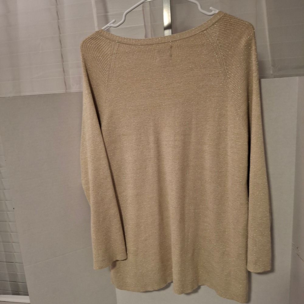 Chicos Gold Metallic Shimmer Ribbed Cardigan Sweater Size 2 Large V-Neck Sparkle - Picture 4 of 7